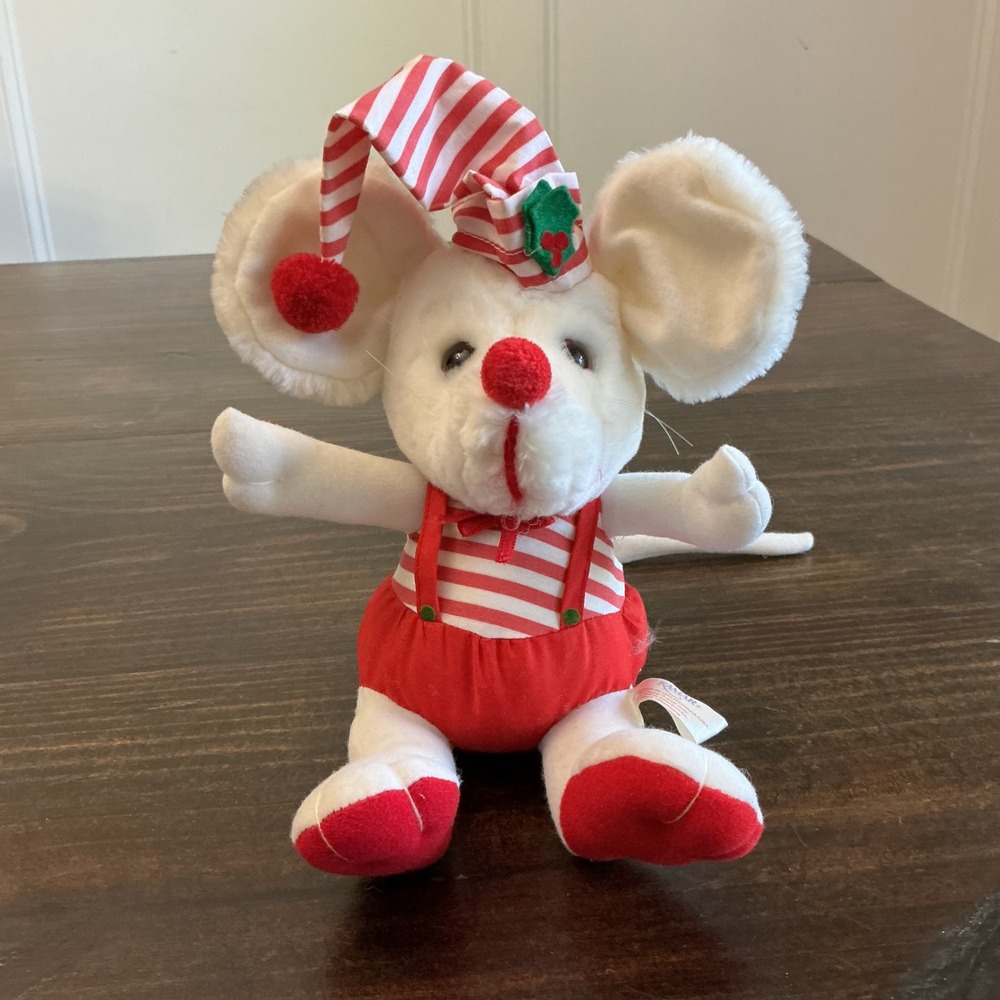 Vintage Kamar Christmas Mouse Plush White Red Striped Hat Overalls 8"‎ Holiday